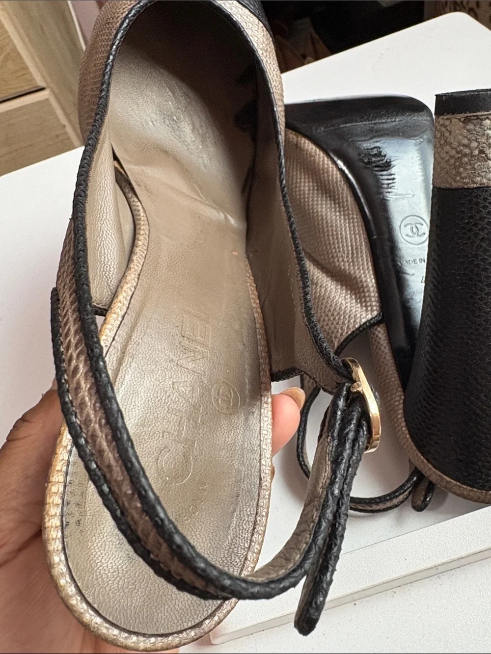 CHANEL Beige and Black Leather Slingback Pumps with CC Medallion